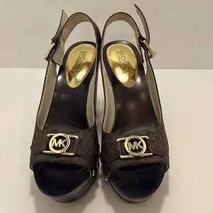 KORS Michael Kors Brown and Gold Leather Wedge Sandals